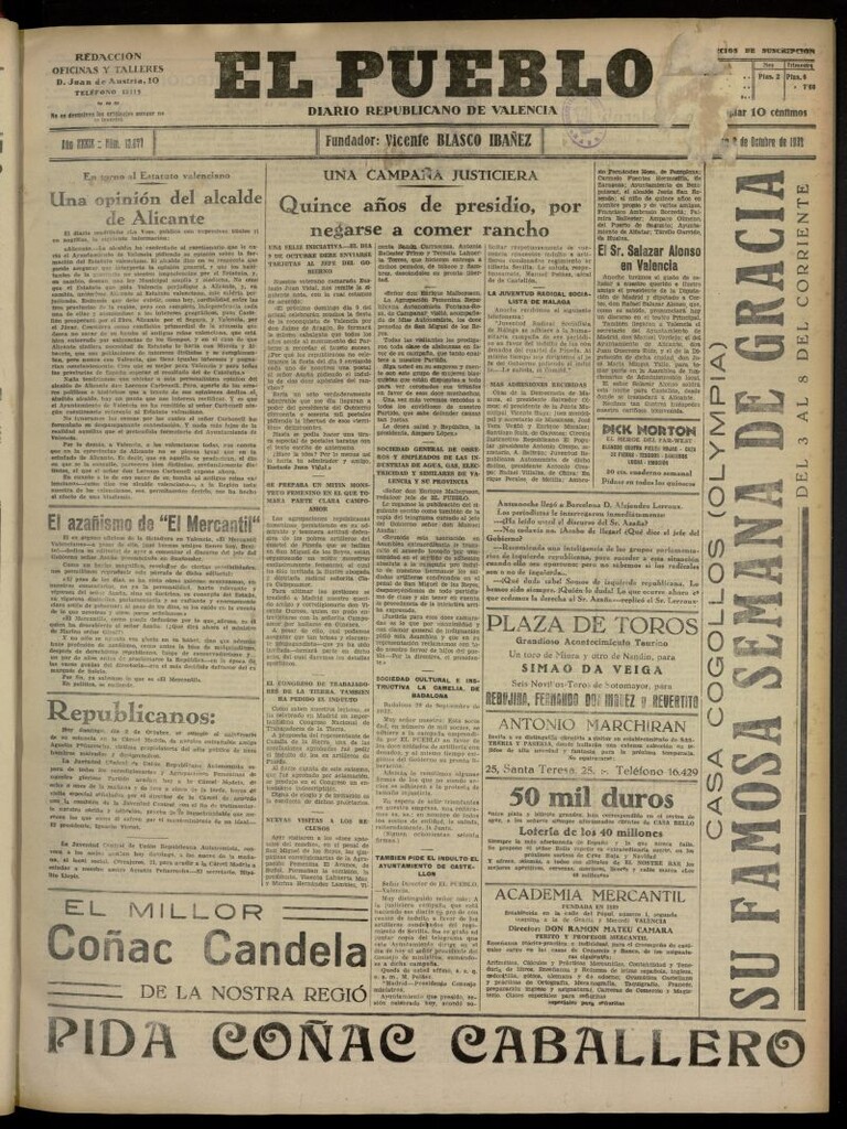 Miniatura de El Pueblo : Diario republicano de Valencia del 2 de octubre de 1932, nº 13.877