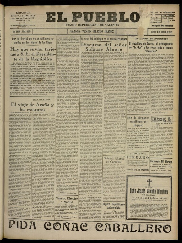 Miniatura de El Pueblo : Diario republicano de Valencia del 4 de octubre de 1932, nº 13.878