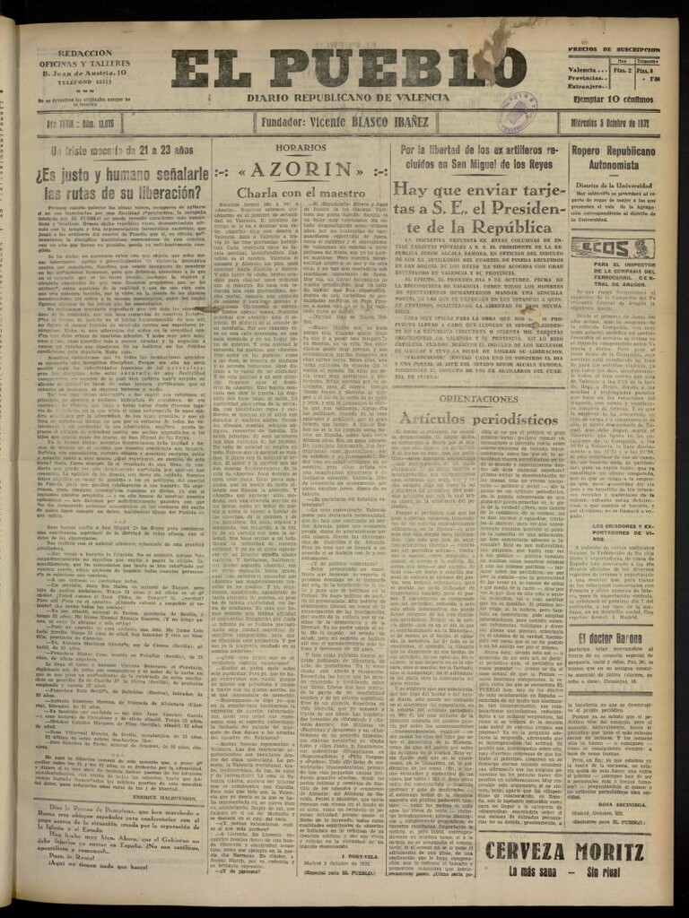 Miniatura de El Pueblo : Diario republicano de Valencia del 5 de octubre de 1932, nº 13.879