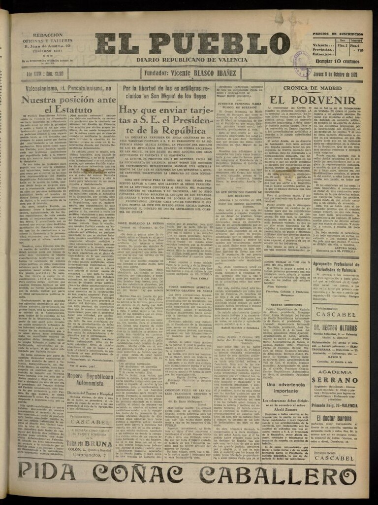 Miniatura de El Pueblo : Diario republicano de Valencia del 6 de octubre de 1932, nº 13.880