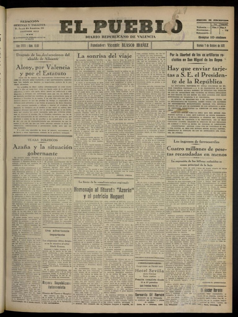 Miniatura de El Pueblo : Diario republicano de Valencia del 7 de octubre de 1932, nº 13.881