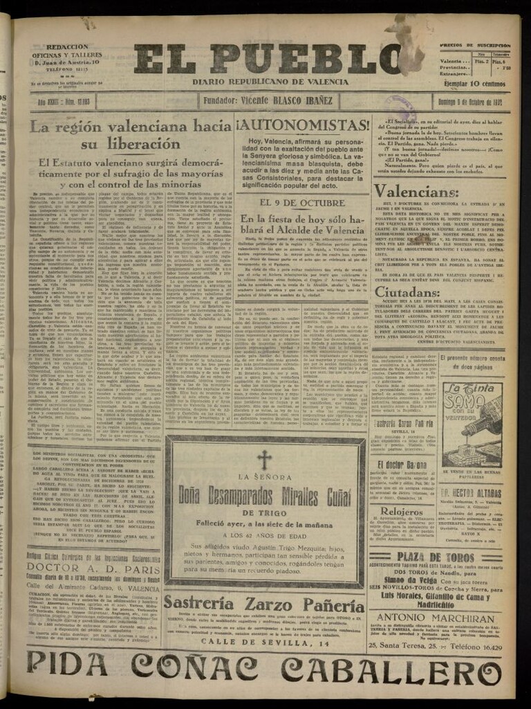 Miniatura de El Pueblo : Diario republicano de Valencia del 9 de octubre de 1932, nº 13.883