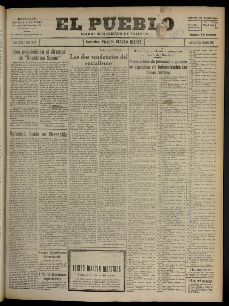 Miniatura de El Pueblo : Diario republicano de Valencia del 13 de octubre de 1932, nº 13.886