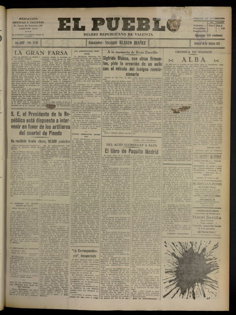 Miniatura de El Pueblo : Diario republicano de Valencia del 14 de octubre de 1932, nº 13.887