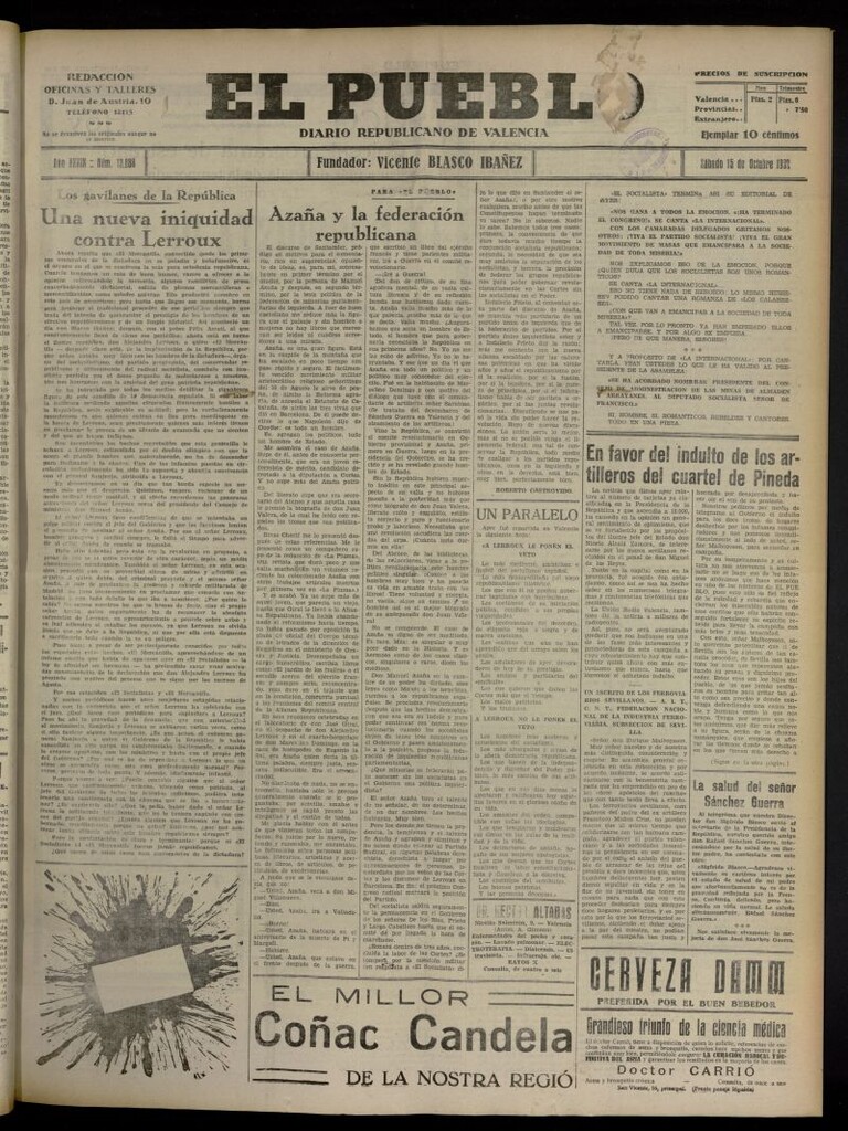 Miniatura de El Pueblo : Diario republicano de Valencia del 15 de octubre de 1932, nº 13.888