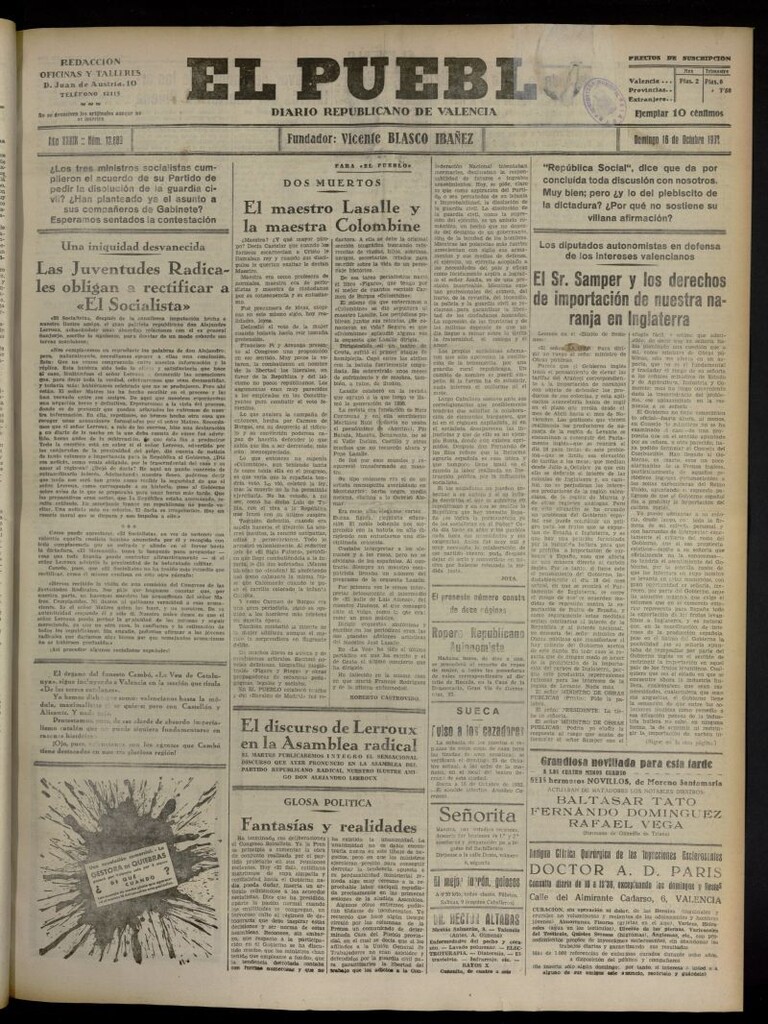 Miniatura de El Pueblo : Diario republicano de Valencia del 16 de octubre de 1932, nº 13.889