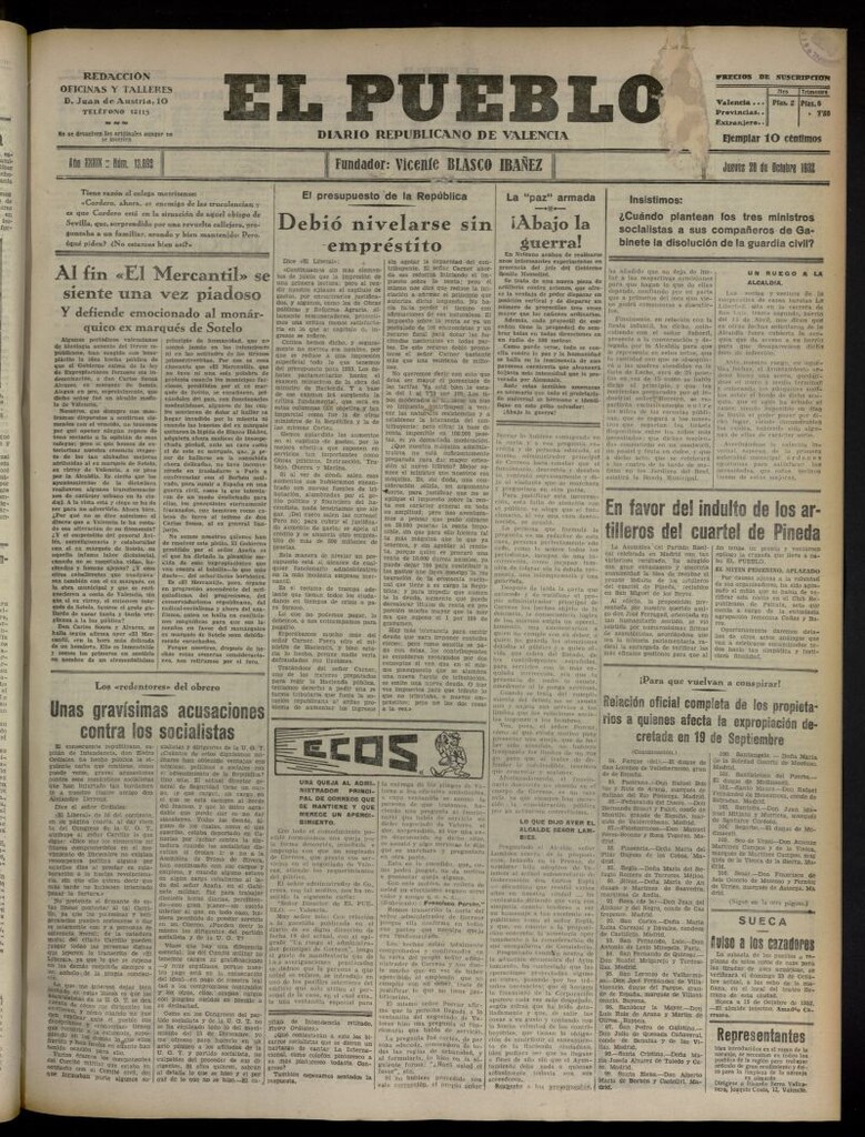 Miniatura de El Pueblo : Diario republicano de Valencia del 20 de octubre de 1932, nº 13.892