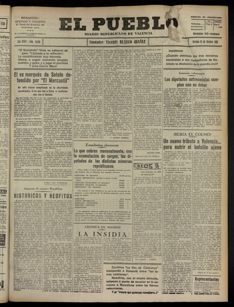 Miniatura de El Pueblo : Diario republicano de Valencia del 21 de octubre de 1932, nº 13.893