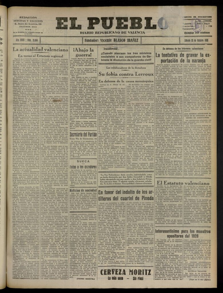 Miniatura de El Pueblo : Diario republicano de Valencia del 22 de octubre de 1932, nº 13.894