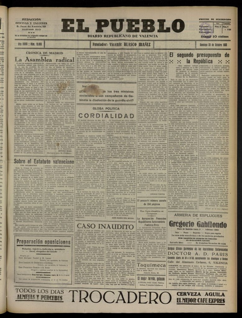 Miniatura de El Pueblo : Diario republicano de Valencia del 23 de octubre de 1932, nº 13.895