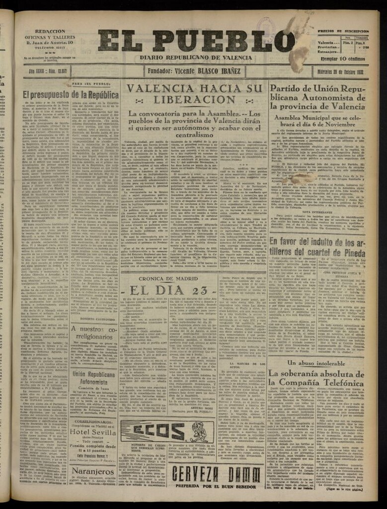 Miniatura de El Pueblo : Diario republicano de Valencia del 26 de octubre de 1932, nº 13.897