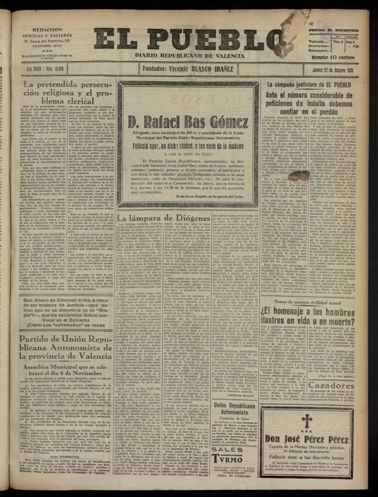 Miniatura de El Pueblo : Diario republicano de Valencia del 27 de octubre de 1932, nº 13.898