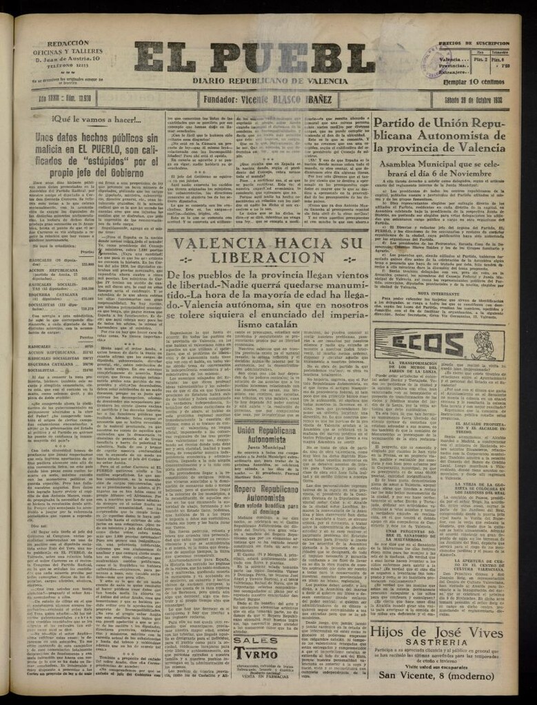 Miniatura de El Pueblo : Diario republicano de Valencia del 29 de octubre de 1932, nº 13.900