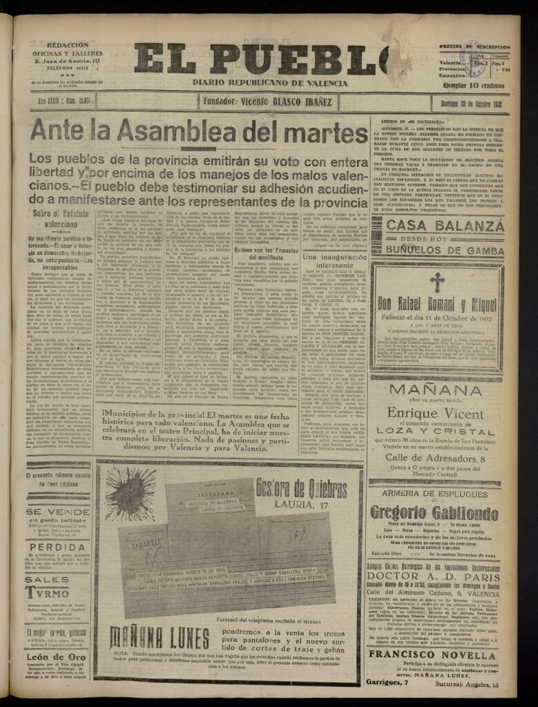 Miniatura de El Pueblo : Diario republicano de Valencia del 30 de octubre de 1932, nº 13.901