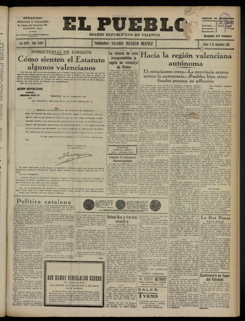 Miniatura de El Pueblo : Diario republicano de Valencia del 3 de noviembre de 1932, nº 13.904