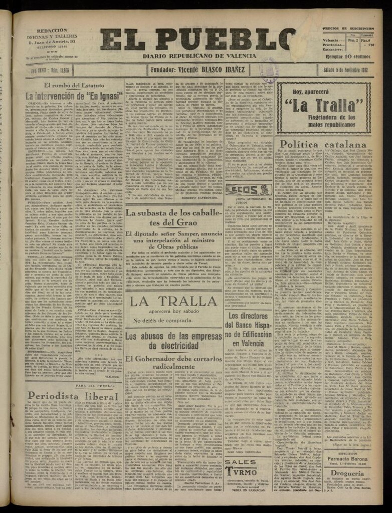 Miniatura de El Pueblo : Diario republicano de Valencia del 5 de noviembre de 1932, nº 13.906