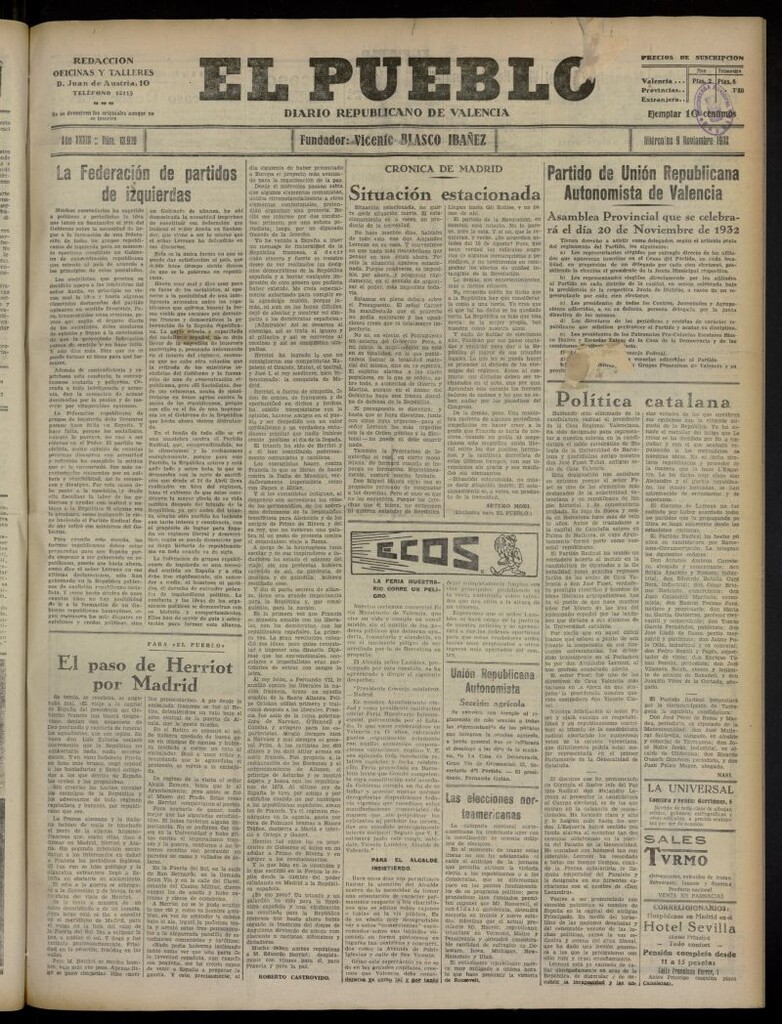 Miniatura de El Pueblo : Diario republicano de Valencia del 9 de noviembre de 1932, nº 13.909