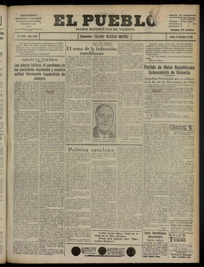 Miniatura de El Pueblo : Diario republicano de Valencia del 10 de noviembre de 1932, nº 13.910