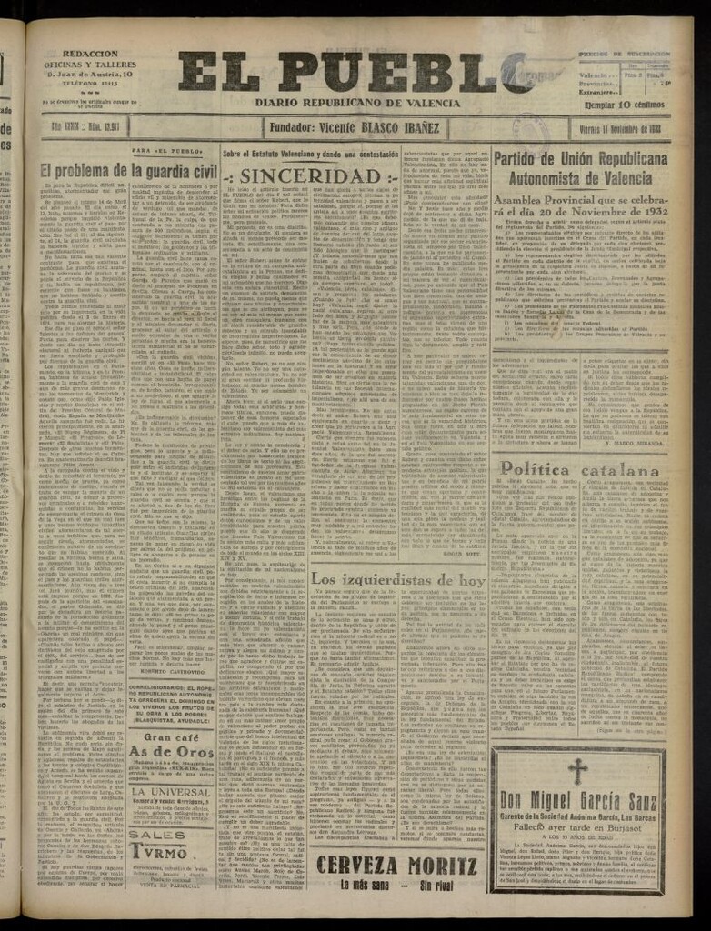 Miniatura de El Pueblo : Diario republicano de Valencia del 11 de noviembre de 1932, nº 13.911