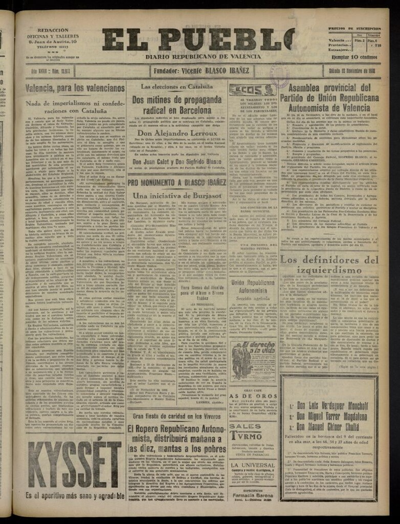 Miniatura de El Pueblo : Diario republicano de Valencia del 12 de noviembre de 1932, nº 13.912