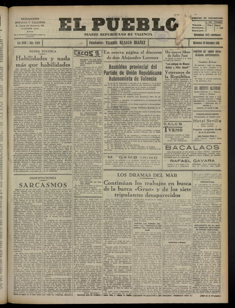 Miniatura de El Pueblo : Diario republicano de Valencia del 16 de noviembre de 1932, nº 13.915