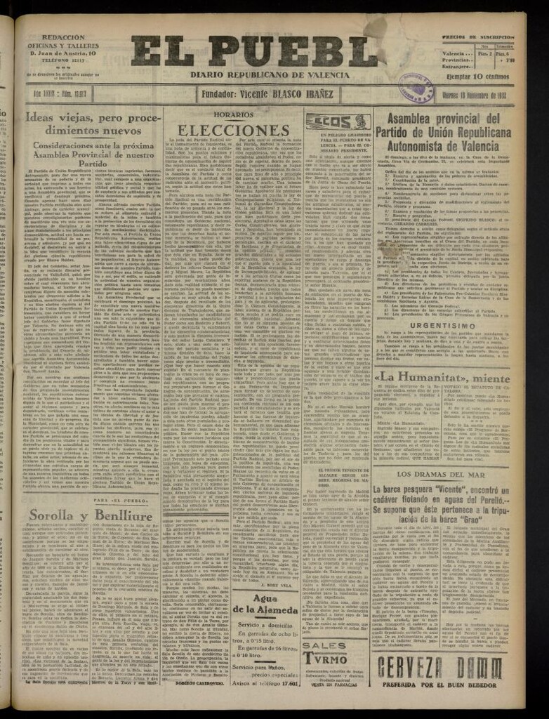 Miniatura de El Pueblo : Diario republicano de Valencia del 18 de noviembre de 1932, nº 13.917