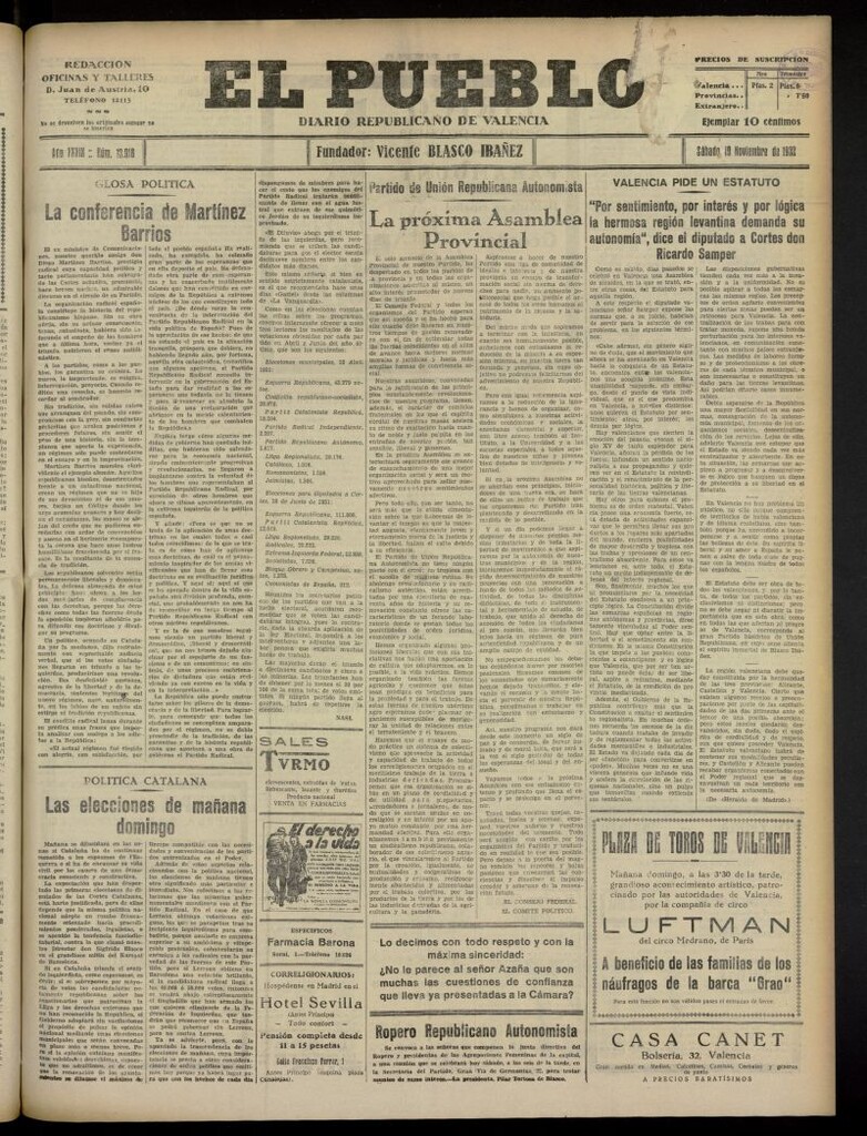 Miniatura de El Pueblo : Diario republicano de Valencia del 19 de noviembre de 1932, nº 13.918
