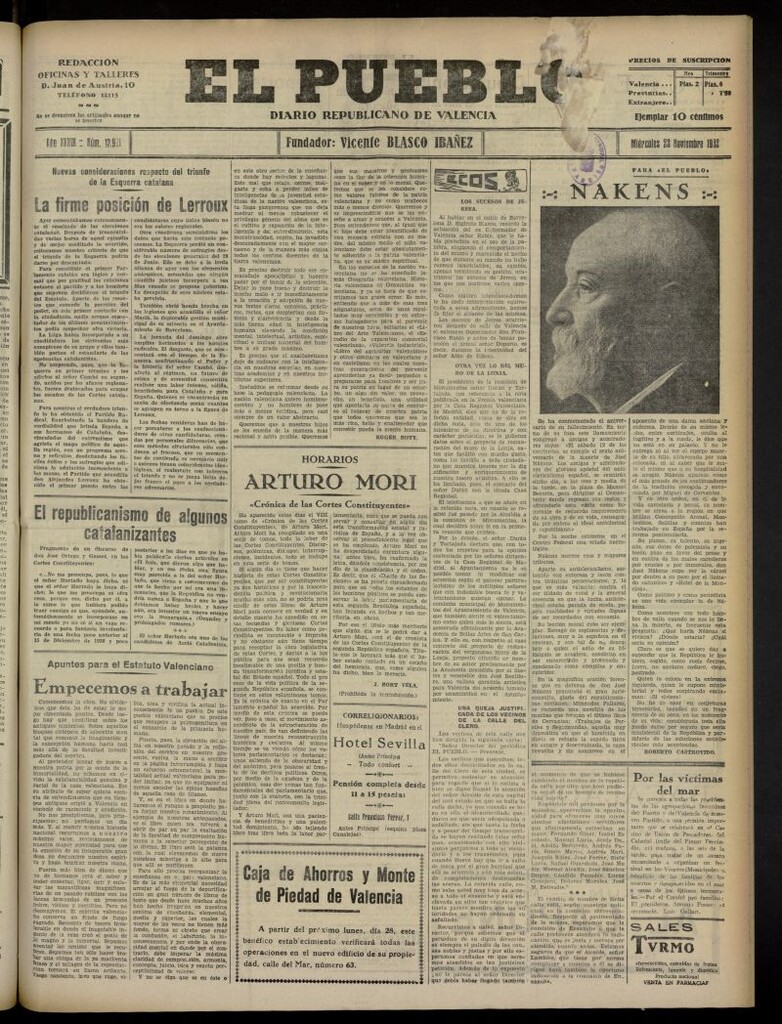 Miniatura de El Pueblo : Diario republicano de Valencia del 23 de noviembre de 1932, nº 13.921