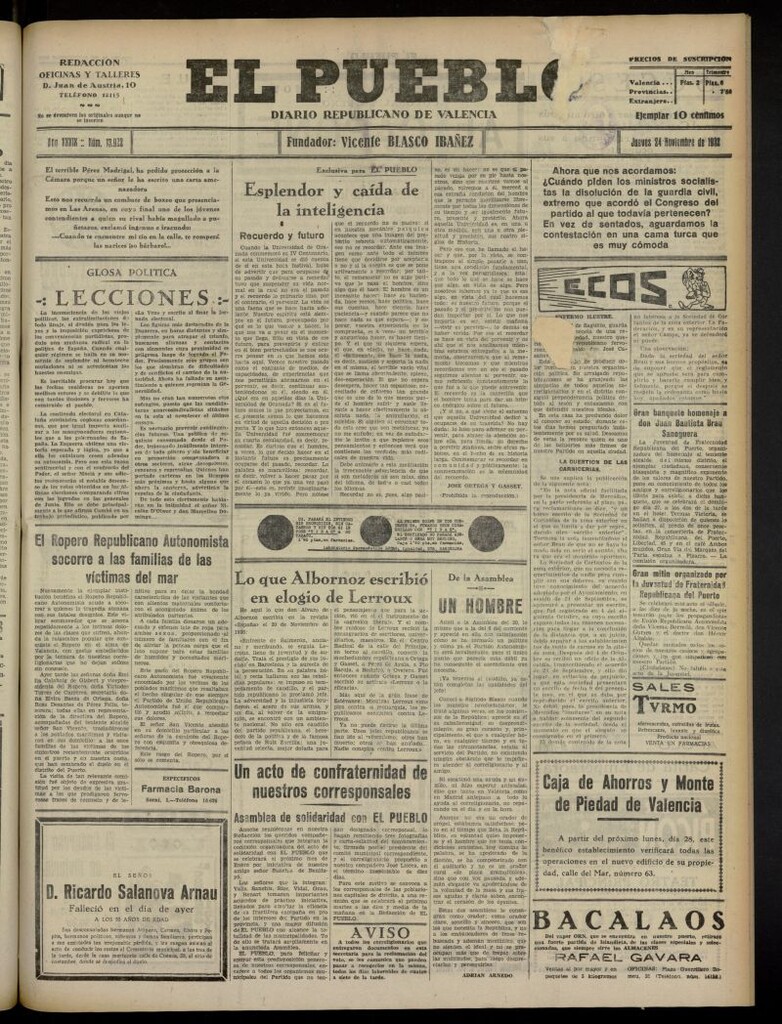 Miniatura de El Pueblo : Diario republicano de Valencia del 24 de noviembre de 1932, nº 13.922