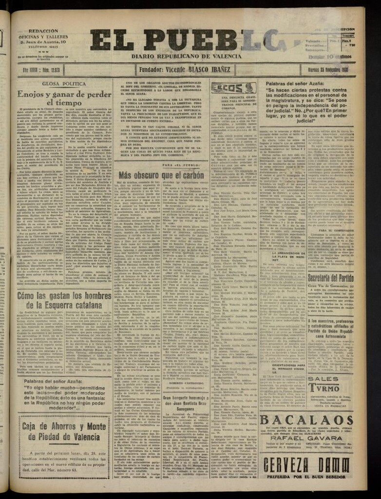 Miniatura de El Pueblo : Diario republicano de Valencia del 25 de noviembre de 1932, nº 13.923