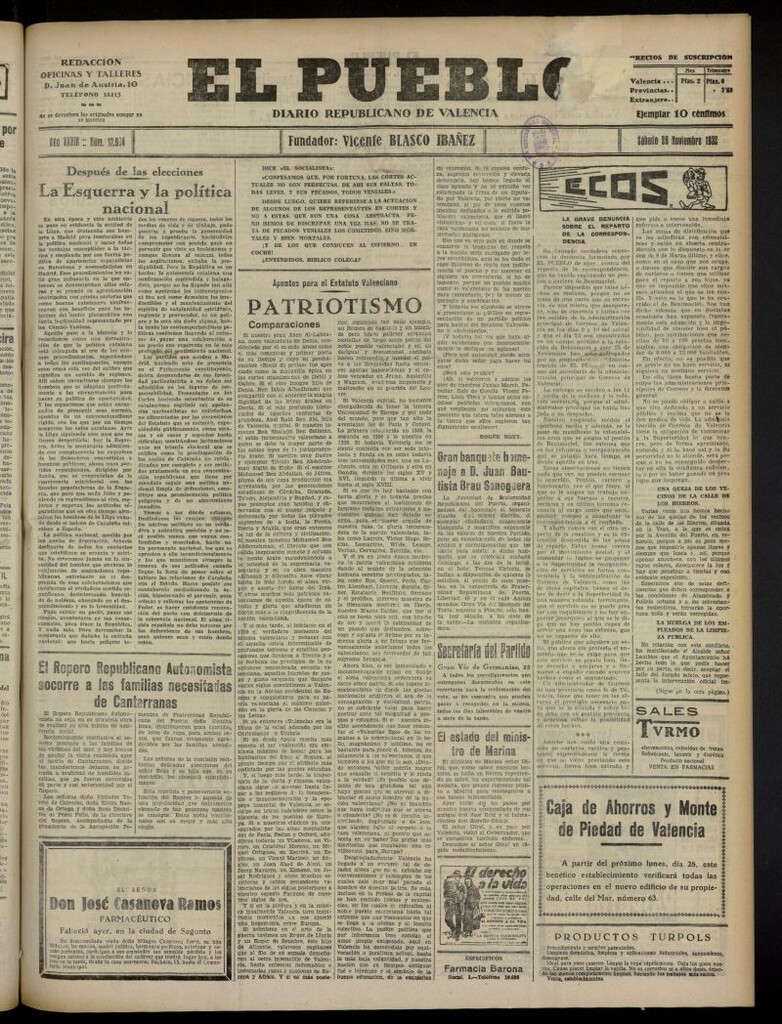 Miniatura de El Pueblo : Diario republicano de Valencia del 26 de noviembre de 1932, nº 13.924