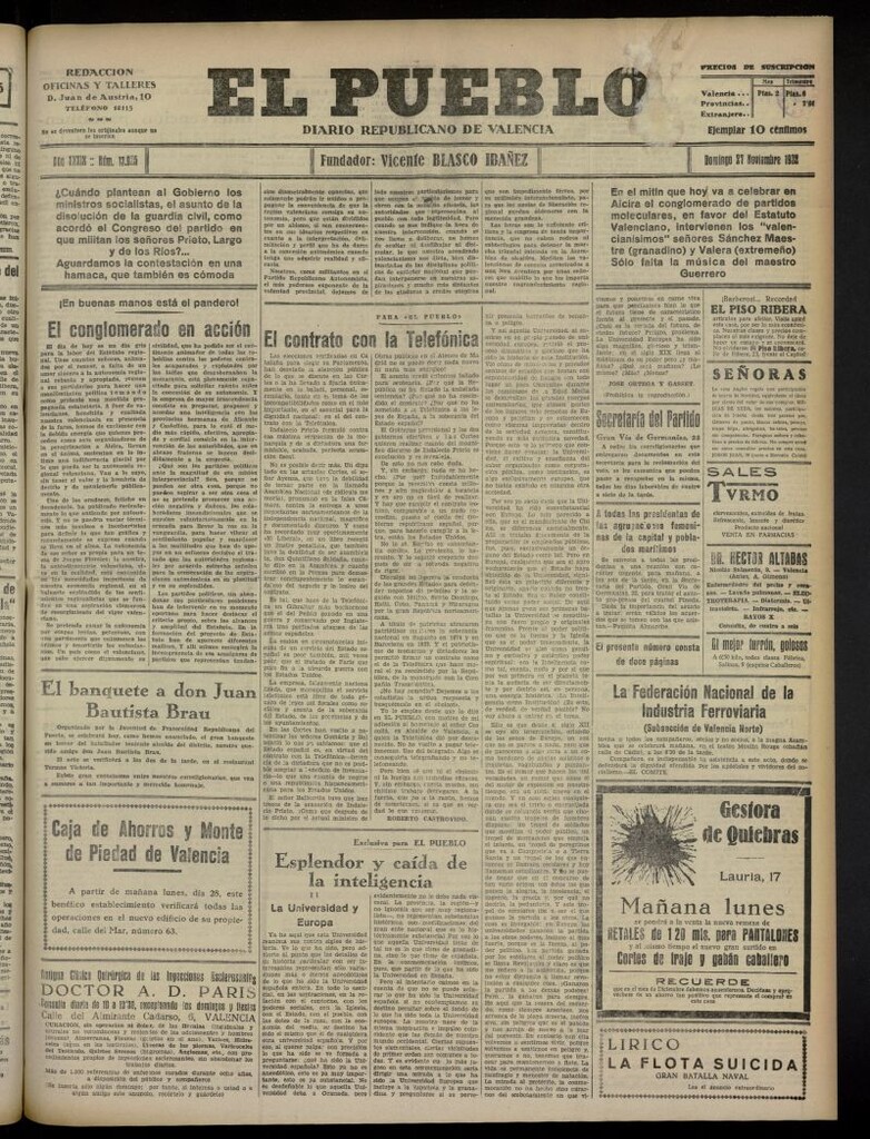 Miniatura de El Pueblo : Diario republicano de Valencia del 27 de noviembre de 1932, nº 13.925