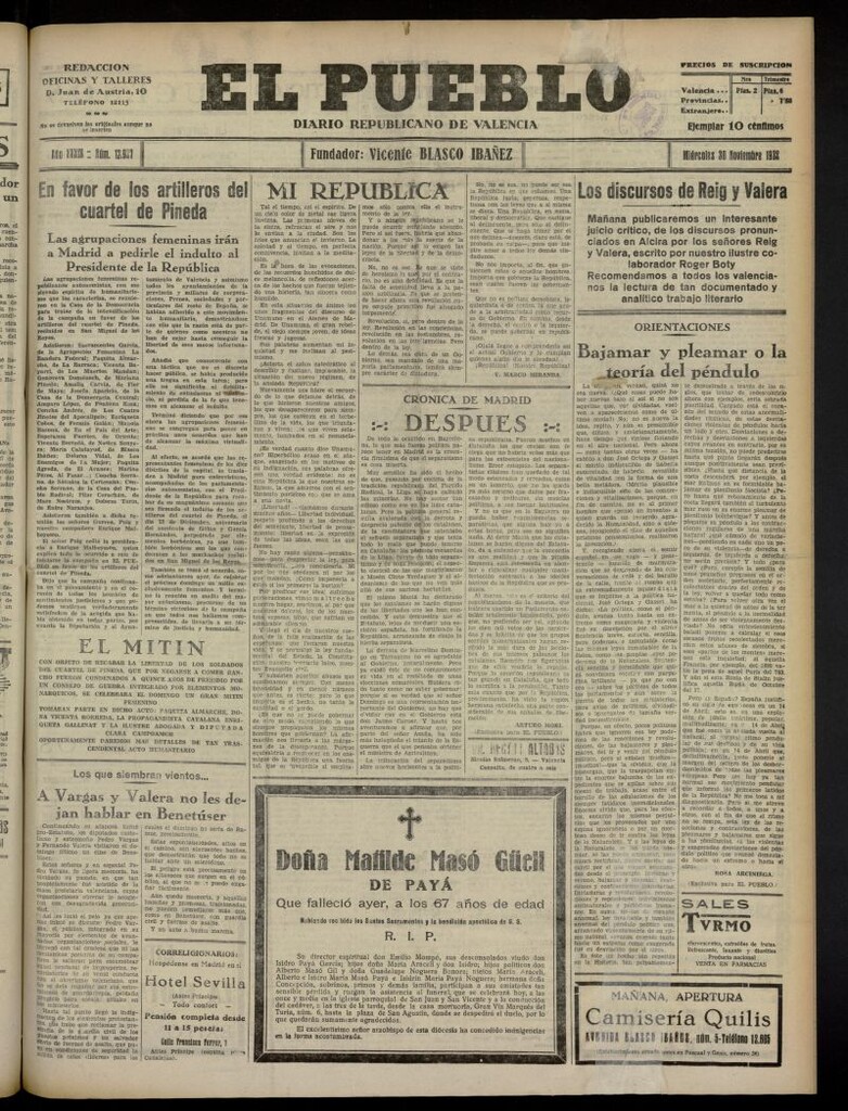 Miniatura de El Pueblo : Diario republicano de Valencia del 30 de noviembre de 1932, nº 13.927