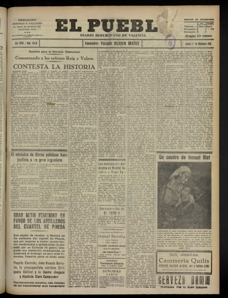 Miniatura de El Pueblo : Diario republicano de Valencia del 1 de diciembre de 1932, nº 13.928
