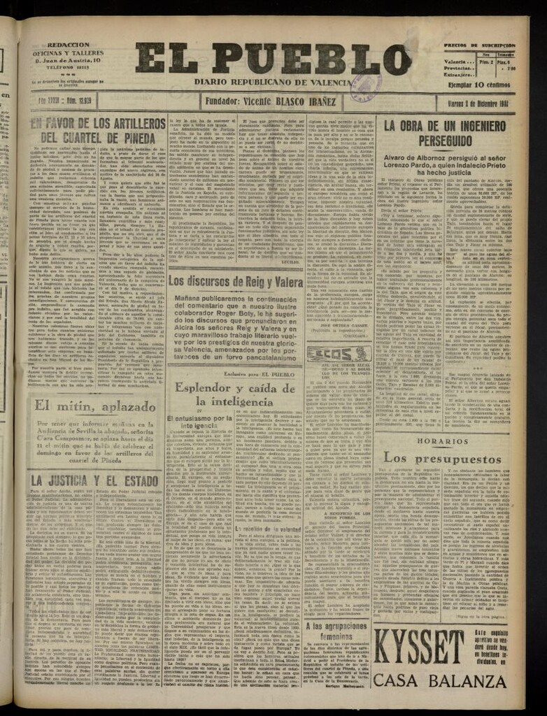 Miniatura de El Pueblo : Diario republicano de Valencia del 2 de diciembre de 1932, nº 13.929