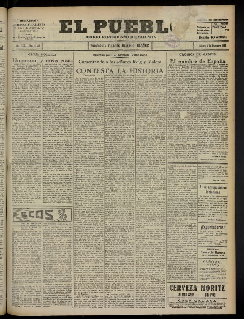 Miniatura de El Pueblo : Diario republicano de Valencia del 3 de diciembre de 1932, nº 13.930