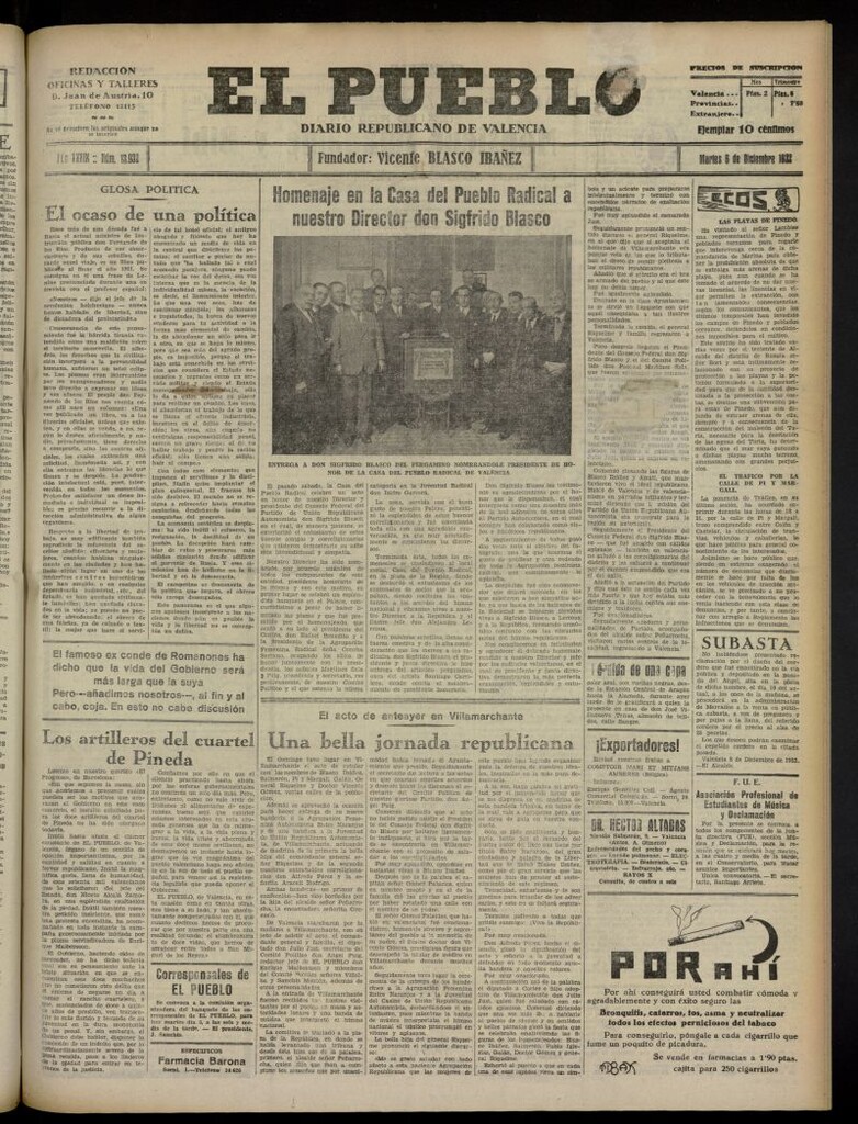 Miniatura de El Pueblo : Diario republicano de Valencia del 6 de diciembre de 1932, nº 13.932