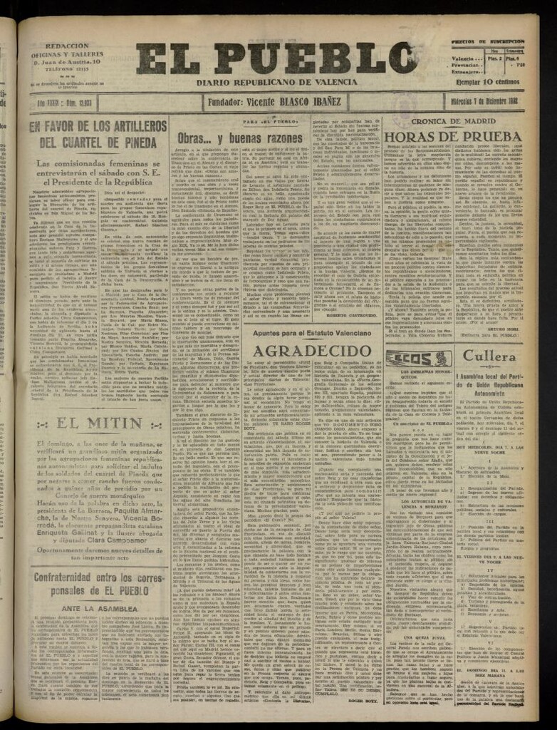 Miniatura de El Pueblo : Diario republicano de Valencia del 7 de diciembre de 1932, nº 13.933