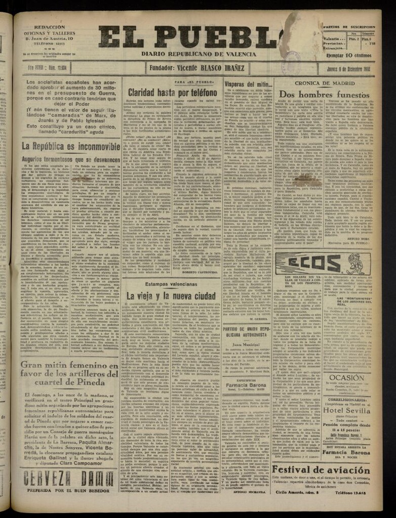 Miniatura de El Pueblo : Diario republicano de Valencia del 8 de diciembre de 1932, nº 13.934
