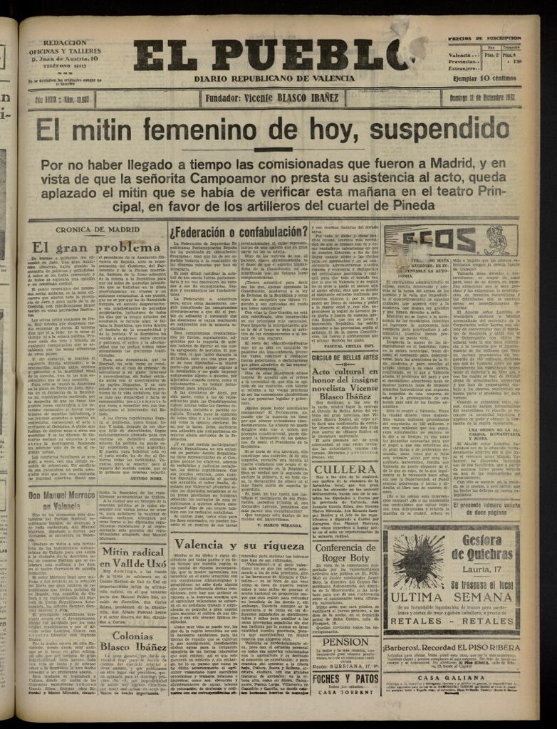 Miniatura de El Pueblo : Diario republicano de Valencia del 11 de diciembre de 1932, nº 13.937