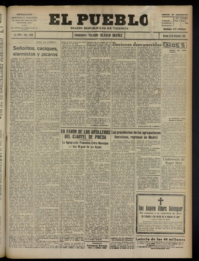 Miniatura de El Pueblo : Diario republicano de Valencia del 13 de diciembre de 1932, nº 13.938