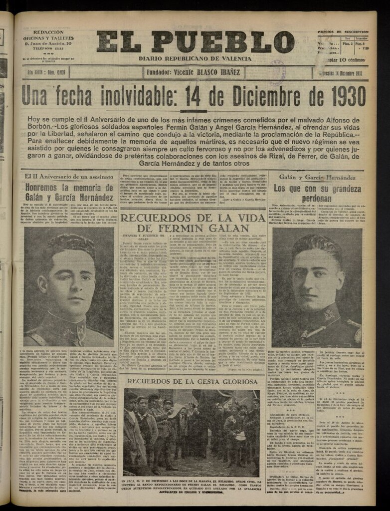 Miniatura de El Pueblo : Diario republicano de Valencia del 14 de diciembre de 1932, nº 13.939