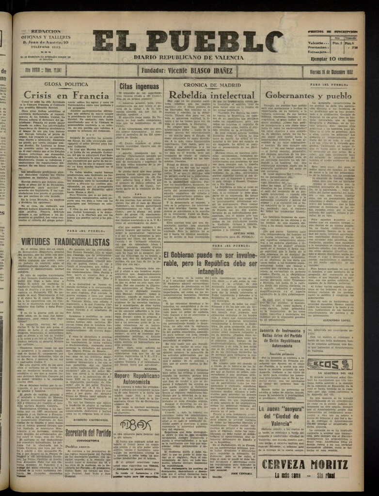 Miniatura de El Pueblo : Diario republicano de Valencia del 16 de diciembre de 1932, nº 13.941