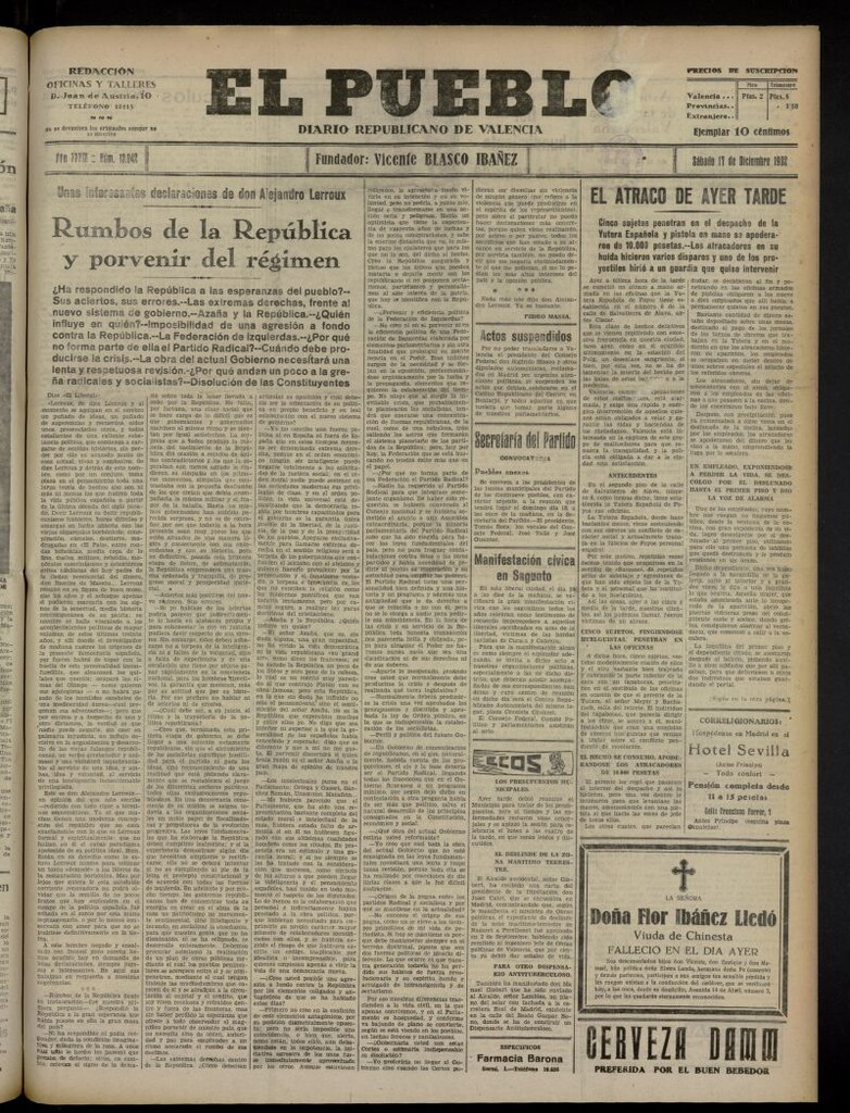 Miniatura de El Pueblo : Diario republicano de Valencia del 17 de diciembre de 1932, nº 13.942