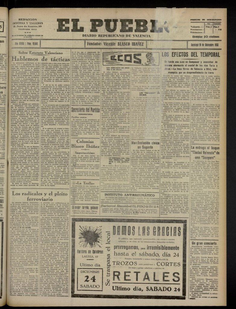 Miniatura de El Pueblo : Diario republicano de Valencia del 18 de diciembre de 1932, nº 13.943