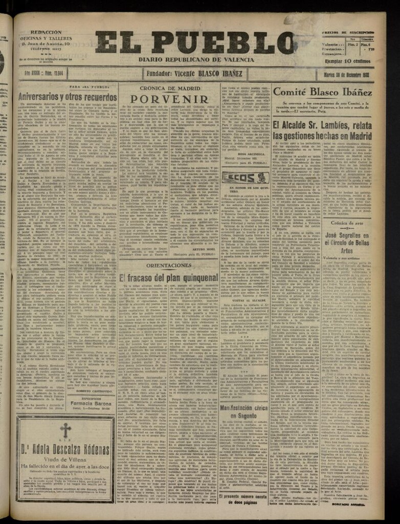 Miniatura de El Pueblo : Diario republicano de Valencia del 20 de diciembre de 1932, nº 13.944