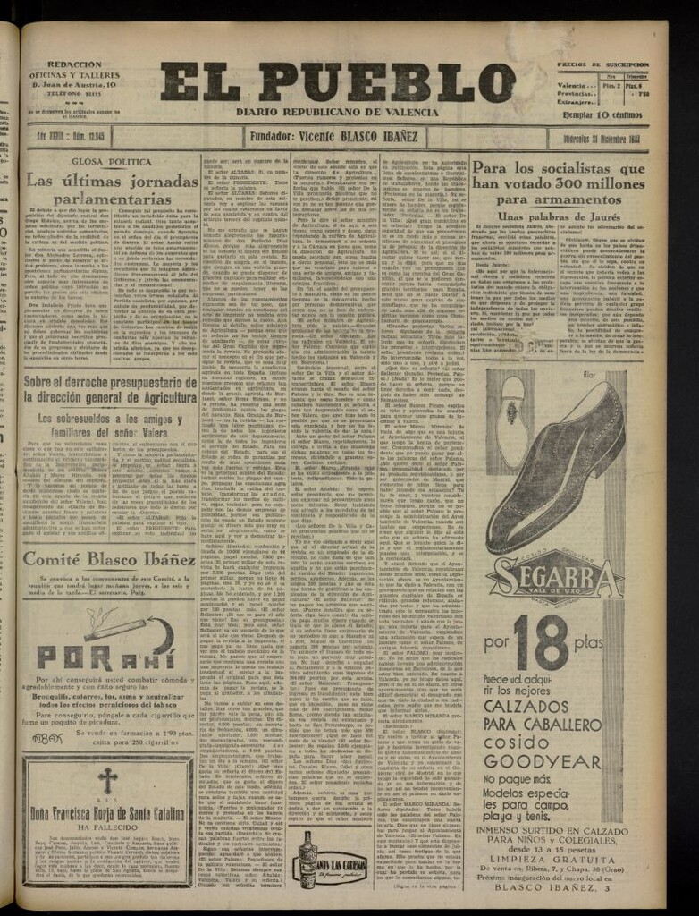 Miniatura de El Pueblo : Diario republicano de Valencia del 21 de diciembre de 1932, nº 13.945
