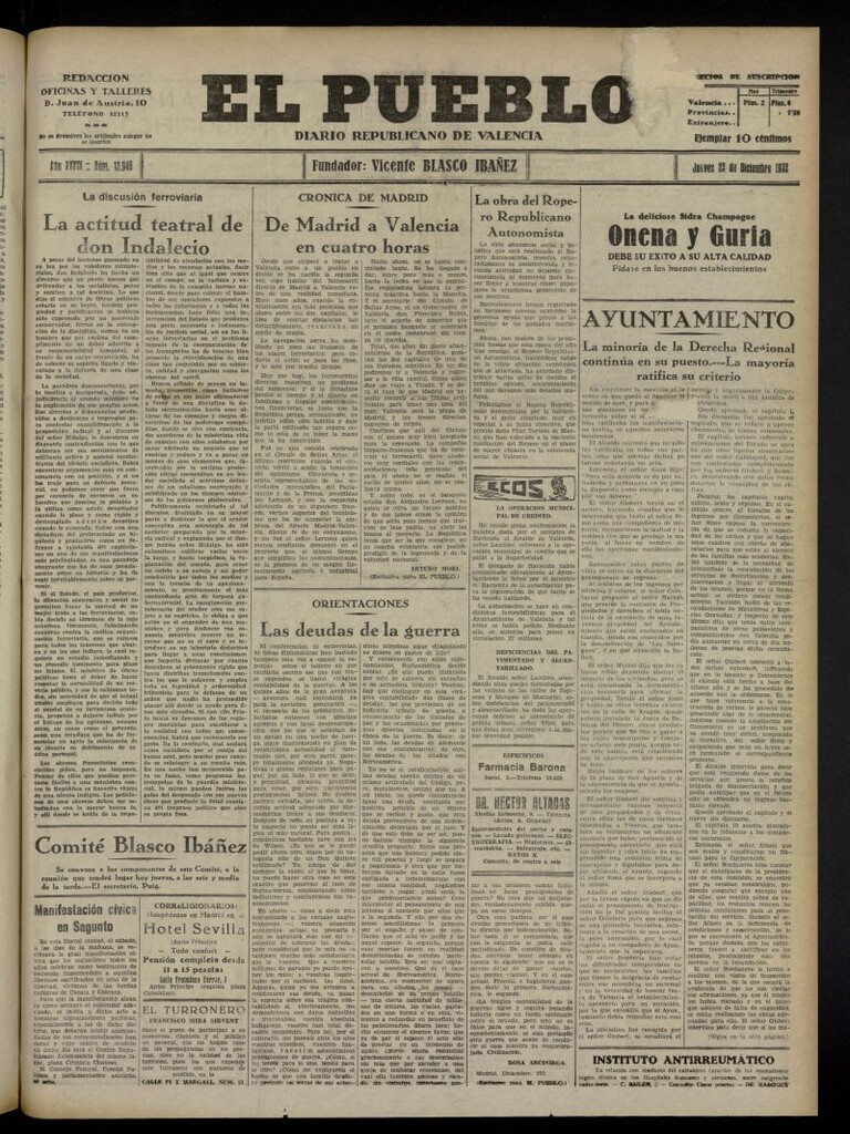 Miniatura de El Pueblo : Diario republicano de Valencia del 22 de diciembre de 1932, nº 13.946