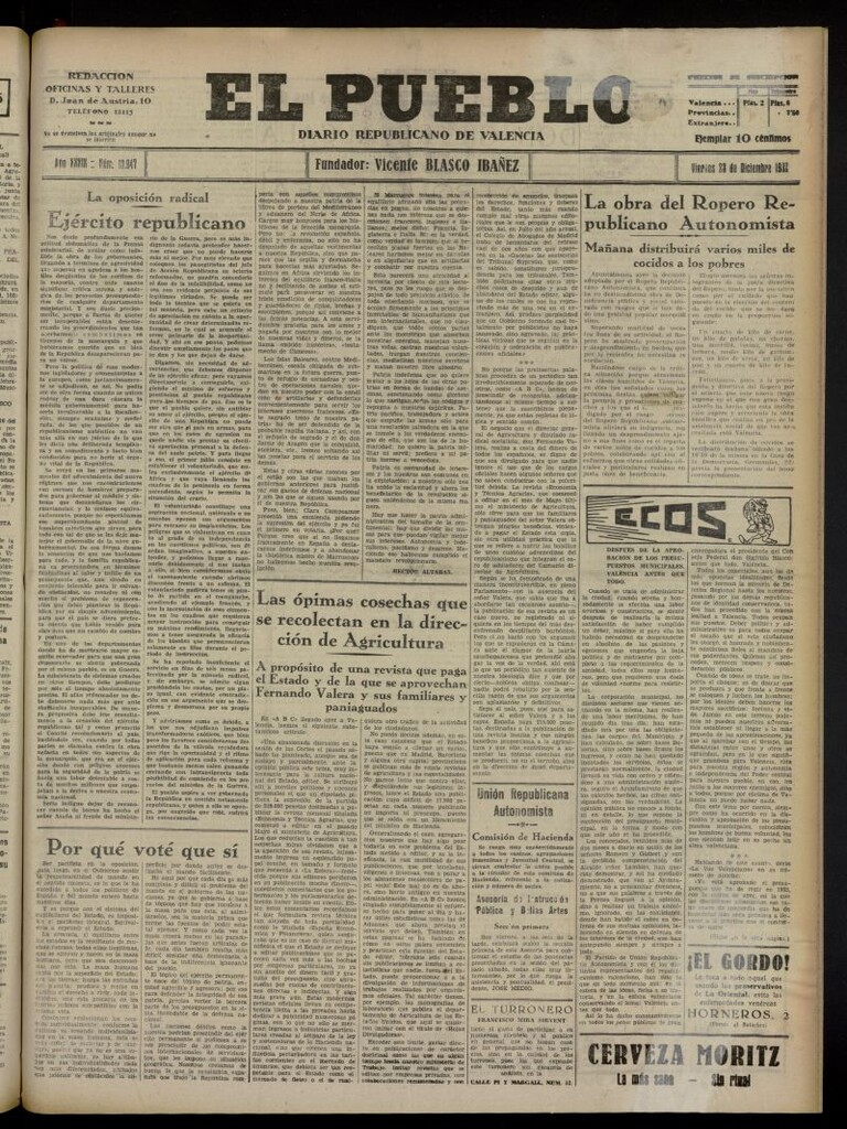 Miniatura de El Pueblo : Diario republicano de Valencia del 23 de diciembre de 1932, nº 13.947