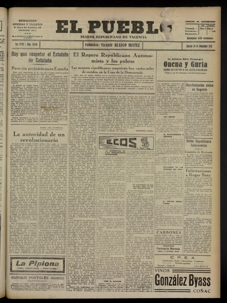 Miniatura de El Pueblo : Diario republicano de Valencia del 24 de diciembre de 1932, nº 13.948